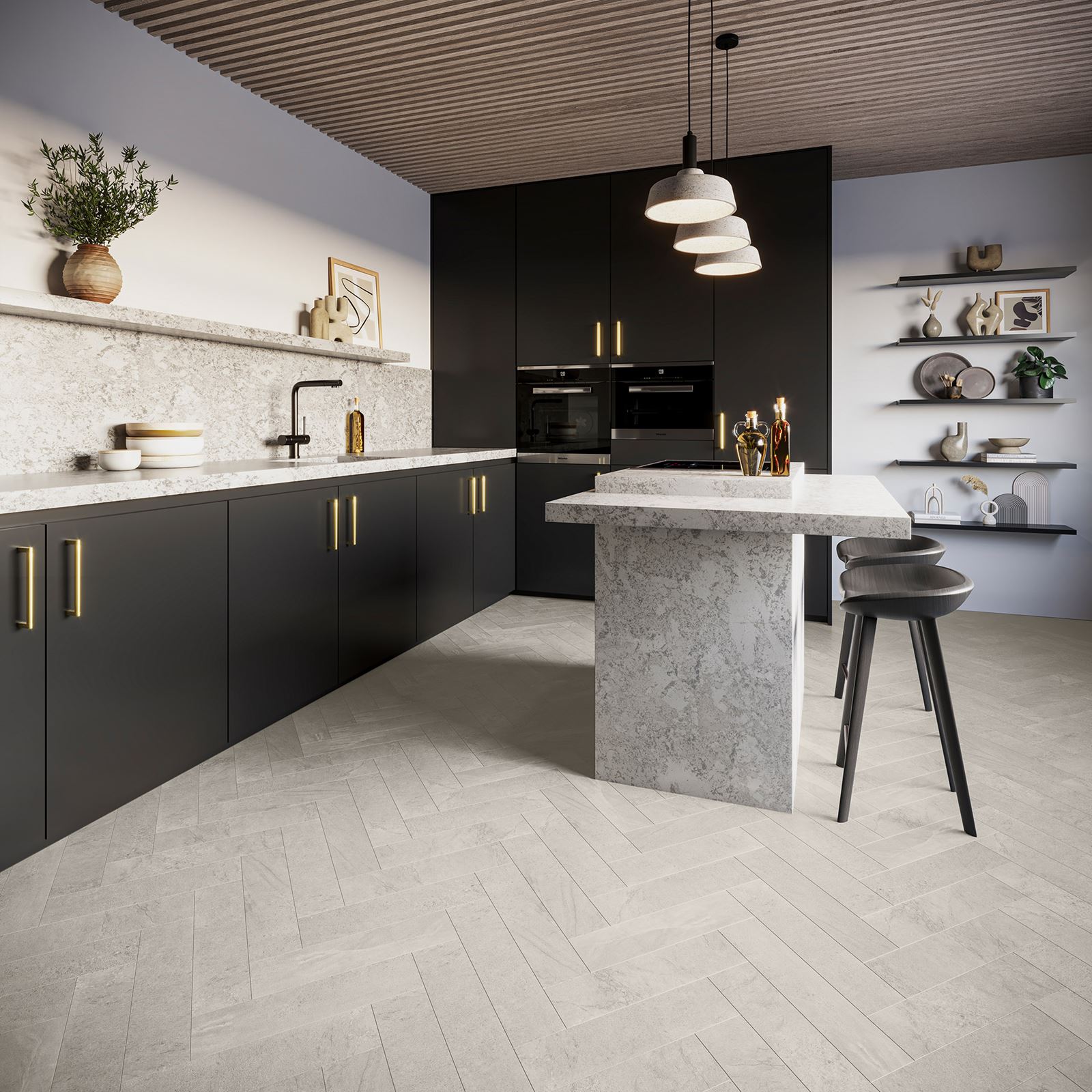 Invictus® Luxury Vinyl Flooring - Groovy Granite Parquet - Alabaster - Kitchen